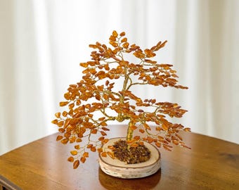 GROTE handgemaakte honing Baltische barnsteen eiken bonsai boom cadeau, levensboom geluk geluk kristal edelsteen chakra geld meditatie geschenken
