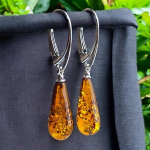 Pendientes de ámbar báltico auténtico natural para uso diario, pequeñas y grandes piedras preciosas en forma de lágrima, colgantes de miel, joyería clásica de ámbar plateado, regalo para mujer
