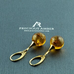 QUALITY Honey Baltic Amber Teardrop Gold Silver Earrings Gift for Women | Large Long Drop Gemstone Sphere Earrings | Round Ball Gold Jewelry