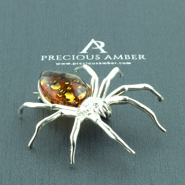 PENDANT BROOCH Large Silver Spider Baltic Amber Teardrop Gemstone Pendant Spider Lover Gifts Silver Amber Brooch Amber Large Spider Necklace