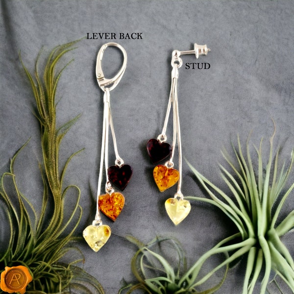 Boucles d'oreilles en forme de coeur avec pierres précieuses en ambre de la Baltique, boucles d'oreilles pendantes en forme de goutte coeurs délicats multicolores, bijoux en argent sterling cadeau d'amour pour femme