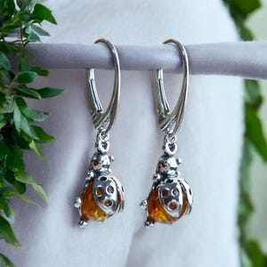 Lieveheersbeestje honing Baltisch barnsteen zilver, kleine lieveheersbeestje oorbellen, grote lange natuurlijke barnsteen druppel oorbellen edelsteen zomer sieraden cadeau