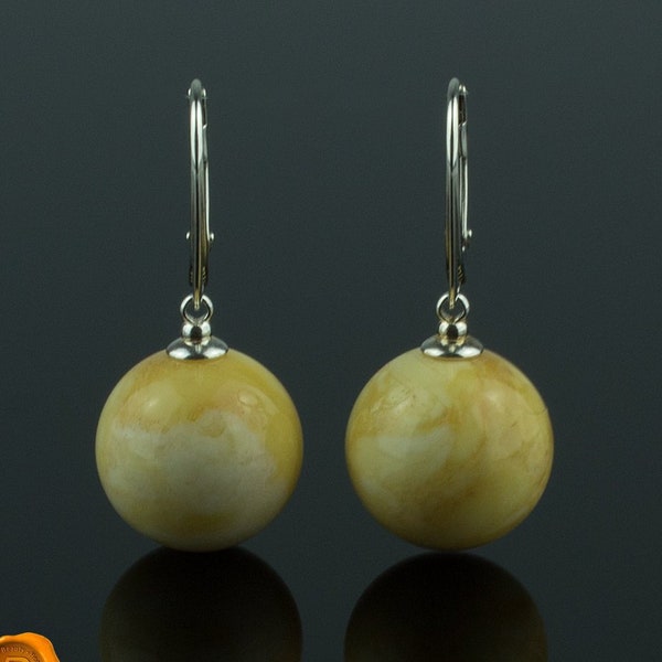 RARE Blanc Baltique Ambre Larme Gemme Argent Boucles D'oreilles Cadeau Femmes, Grande Boule Ronde Ambre Goutte Dangle Argent Blanc Ambre Sphère Bijoux