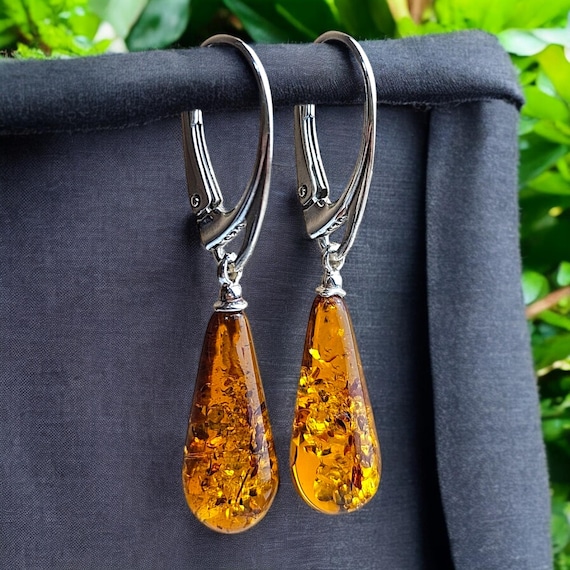 Everyday Natural Real Baltic Amber Earrings, Small Teardrop Large Gemstone Honey Drop Dangle Classic Silver Amber Jewelry Gift Women