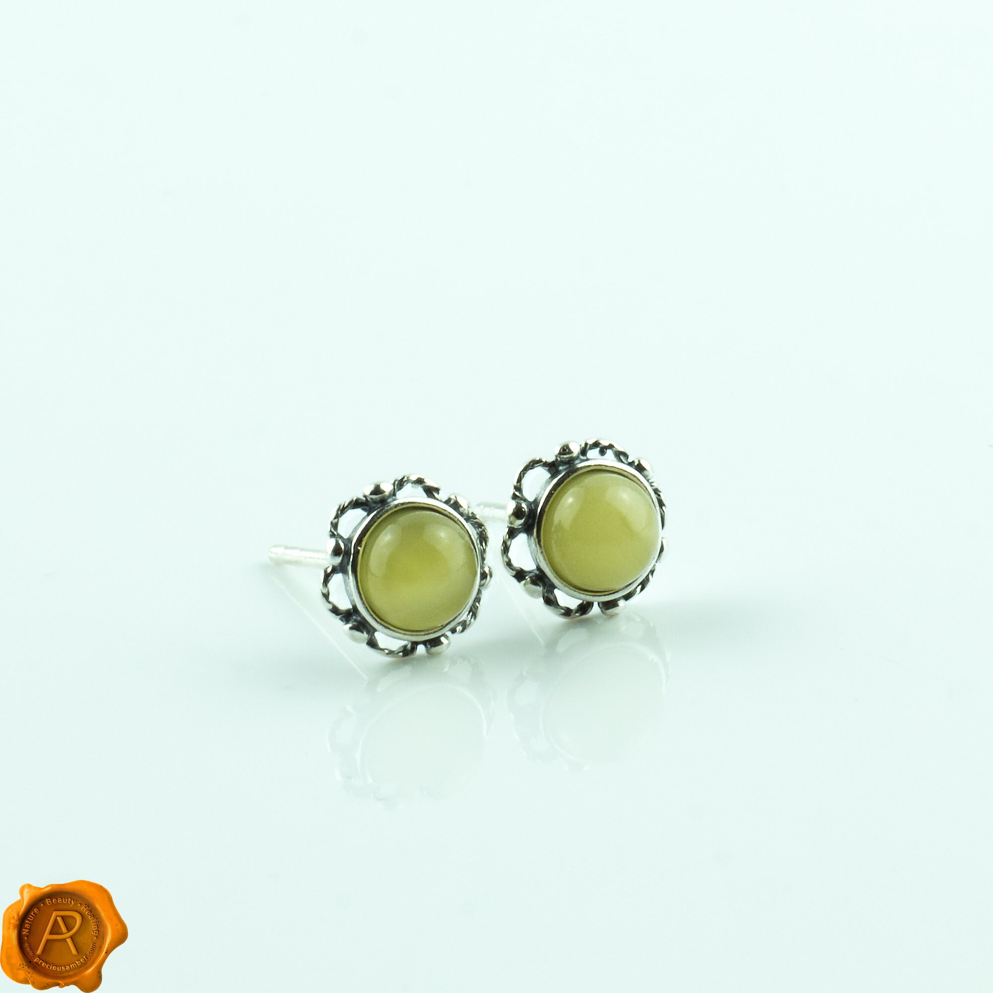 Orecchini A Bottone Ovali In Argento 925 E Ambra Baltica - Piccoli, 1,5 Cm, Disponibili In 3 Colori, Limone