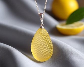 CARVED Natural Lemon Baltic Amber Teardrop Pendant, Yellow Butter Classic Chunky Real Amber Gemstone Gift, Big Drop Jewellery Gifts Women