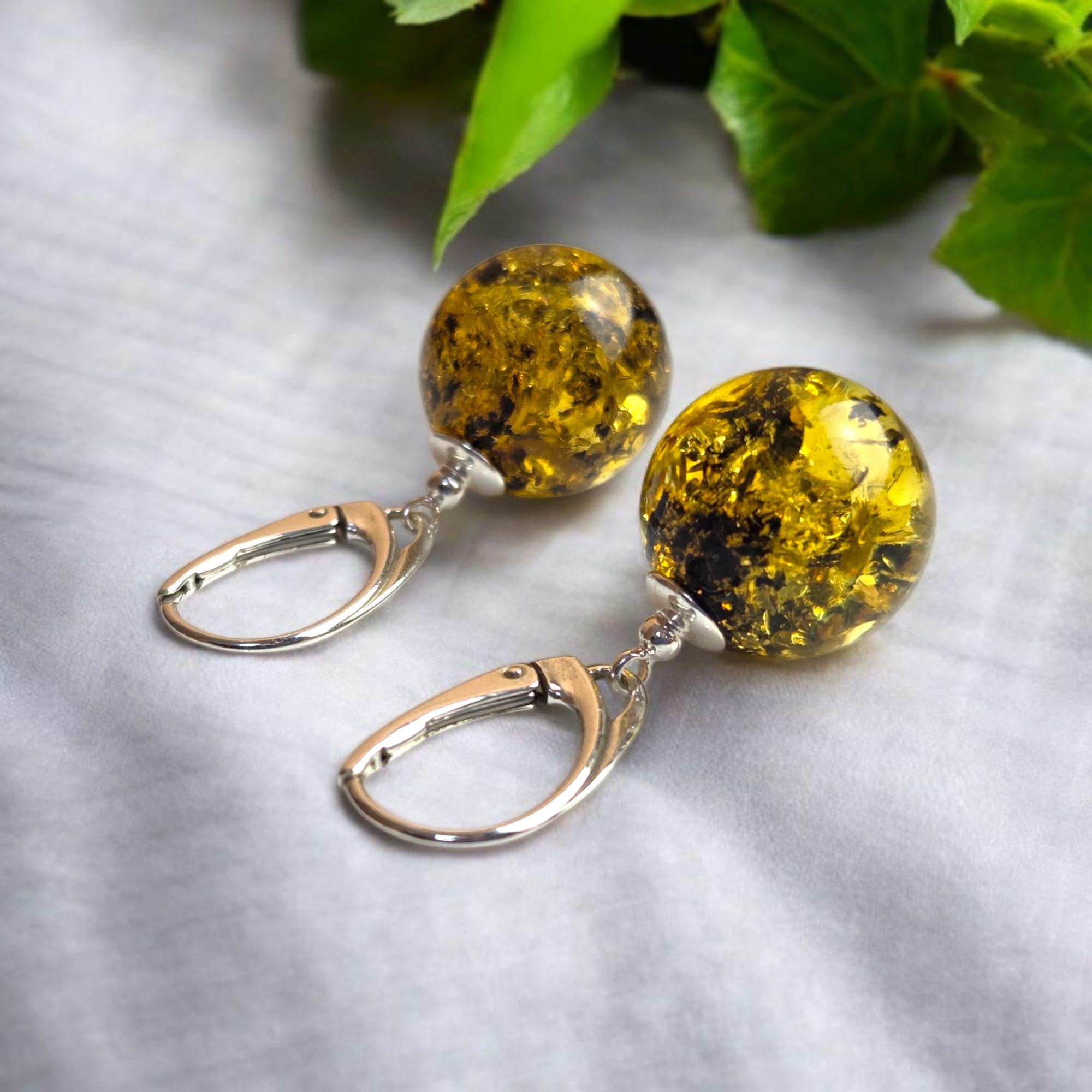 Boucles D'oreilles En Argent 925 Avec Ambre Vert Baltique - Bijou Femme Neuf Sans Emballage
