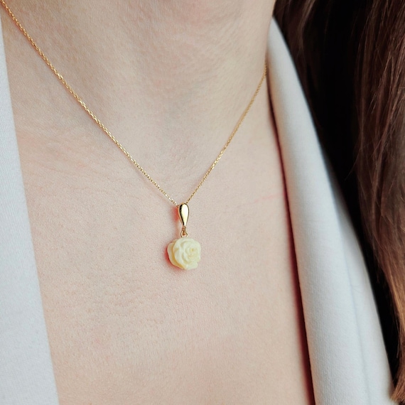 White Baltic Amber Teardrop Gift Rose Flower Pendant Gold Necklace Women, Dainty Gemstone Small Silver Rose Art Jewelry, Tear Drop Amber