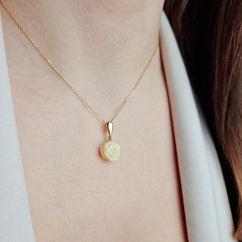 White Baltic Amber Teardrop Gift Rose Flower Pendant Gold Necklace Women, Dainty Gemstone Small Silver Rose Art Jewelry, Tear Drop Amber