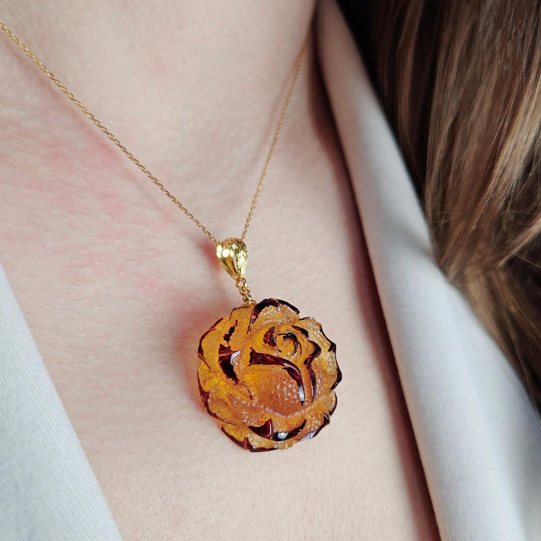 CARVED Large Baltic Amber Rose Flower Pendant Necklace Gold Silver ...
