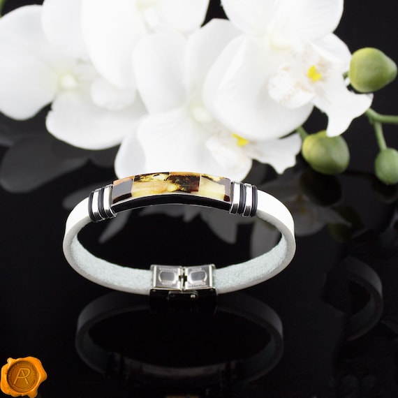 Bracelet Ambre Incrustation Mosaïque - Cuir Et Acier - Lituanie - Neuf étiqueté