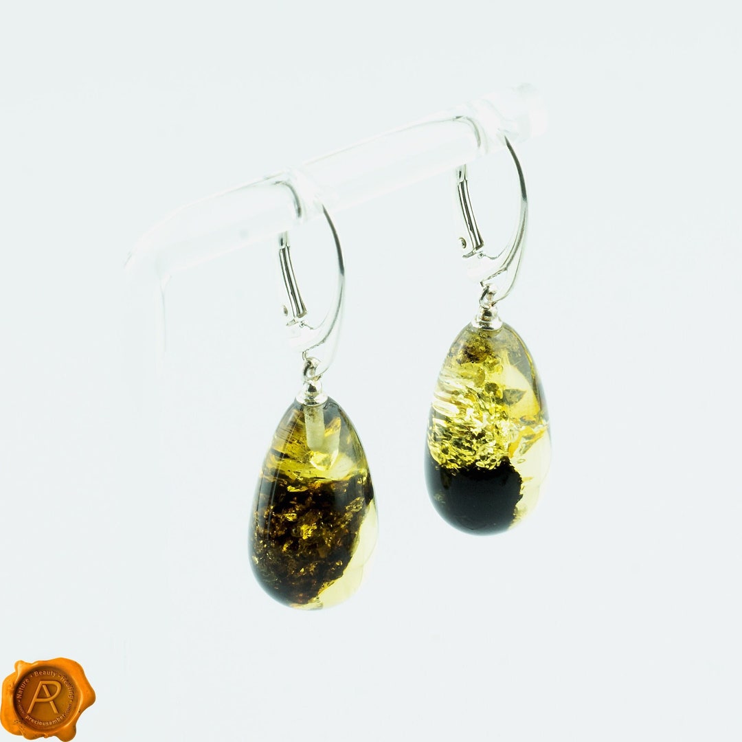 Green Amber Vine Teardrop Earrings