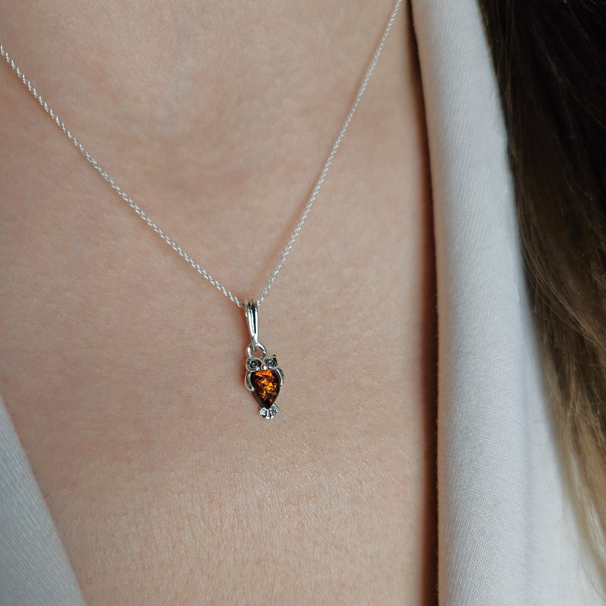 Dainty Owl Necklace Pendant Silver Baltic Amber Gemstone, Tiny Honey Amber Charm Teardrop Owl Jewelr