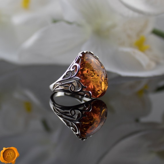 Stunning Large Sterling Silver Cognac Baltic Amber Ring Gift for