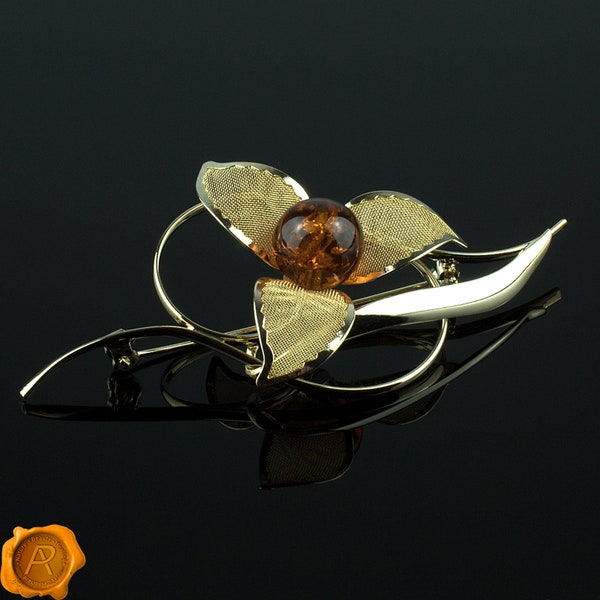 Superbe broche en ambre de la Baltique à fleurs dorées pour femme | Grandes broches vintage en cristal avec fleurs dorées et argentées | Fleur dorée de luxe élégante