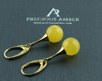 Quality Dainty Baltic Amber Gold Butterscotch Drop Dangle Earrings Women | Small Amber Sphere Gold Earrings | Yellow Round Gemstone Earrings