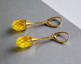Lemon Baltic Amber Gold Earrings Teardrop Jewelry Gift Women, Long Gemstone Dangle Drop Faceted Earrings, Luxury Amber Silver Gold Jewelry