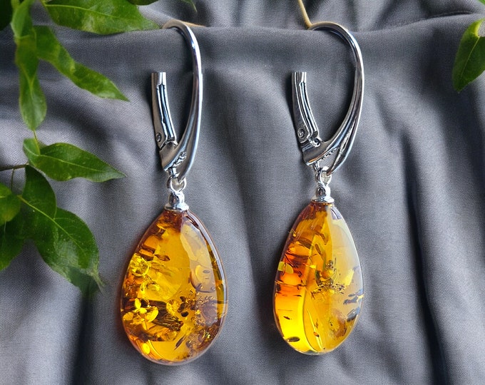 Floral white and yellow natural amber earrings amber and