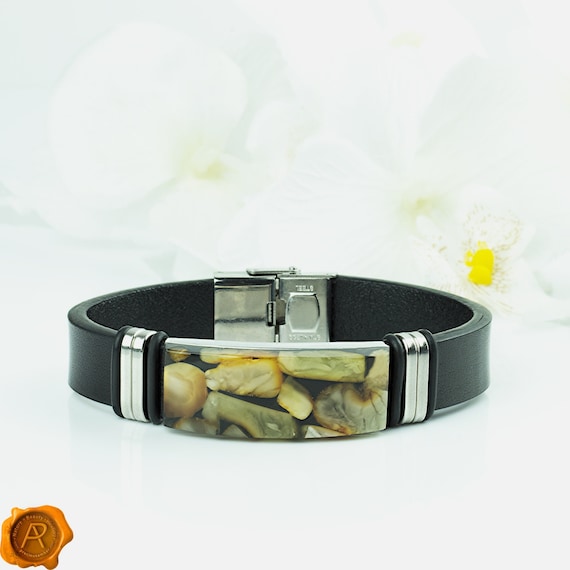 Quality Gemstone Leather Bracelet for Men White Baltic Amber Black Cuff Bracelet for Him Unisex Amber Leather for Women Jewelry Bracelets