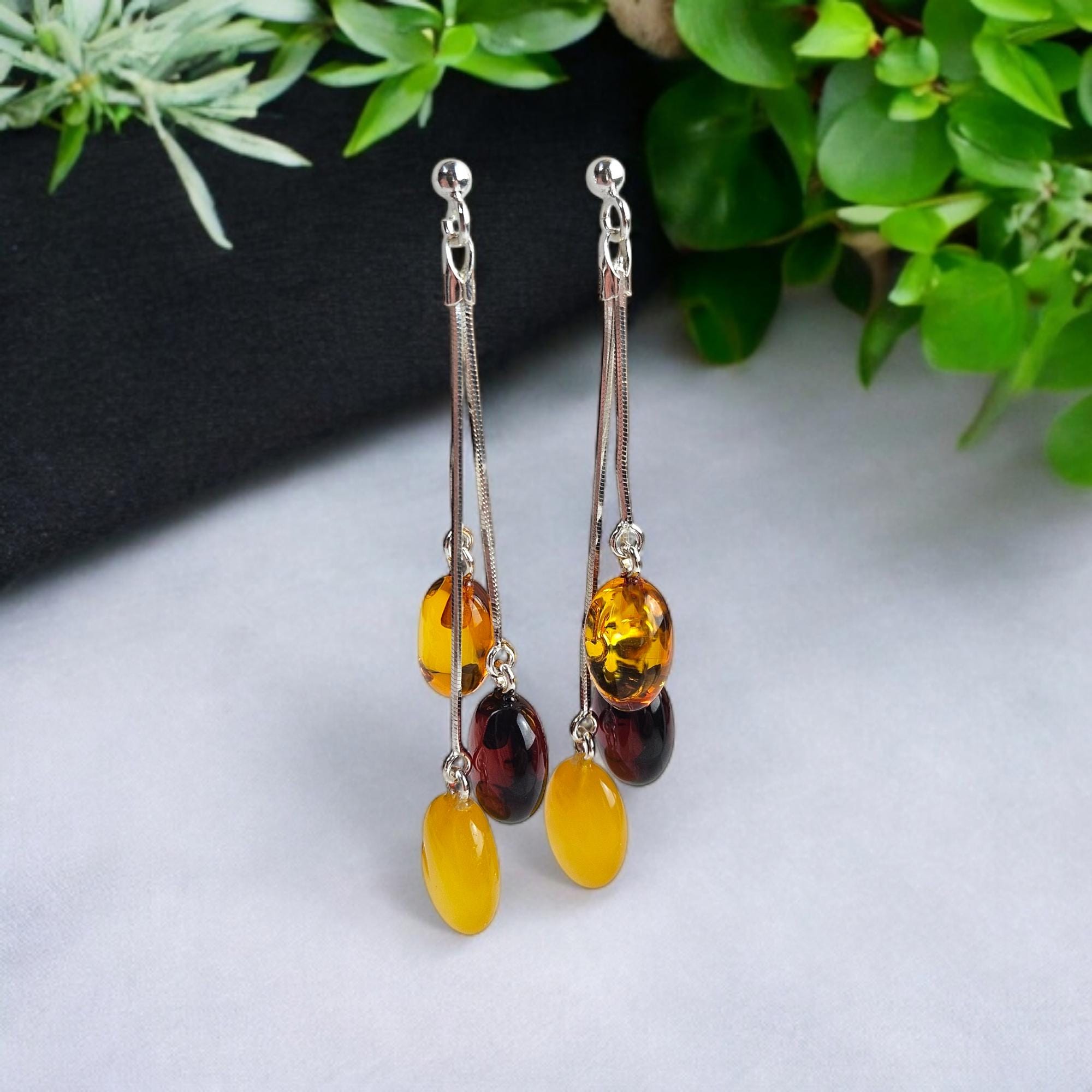 Boucles D'oreilles En Argent 925 Avec Ambre Baltique Naturel - Longueur 3.5 Cm, Forme Goutte, Multicolore