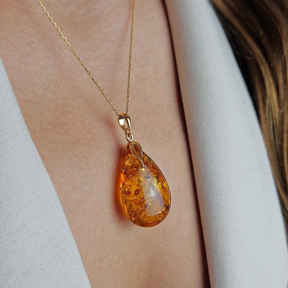 Gota ámbar Brillante Collar De ámbar Báltico Para Mujer – Gota Con Copas, Plata 925 Bañada Oro, 45 Cm, Color Coñac Joyería ámbar Real Coñac