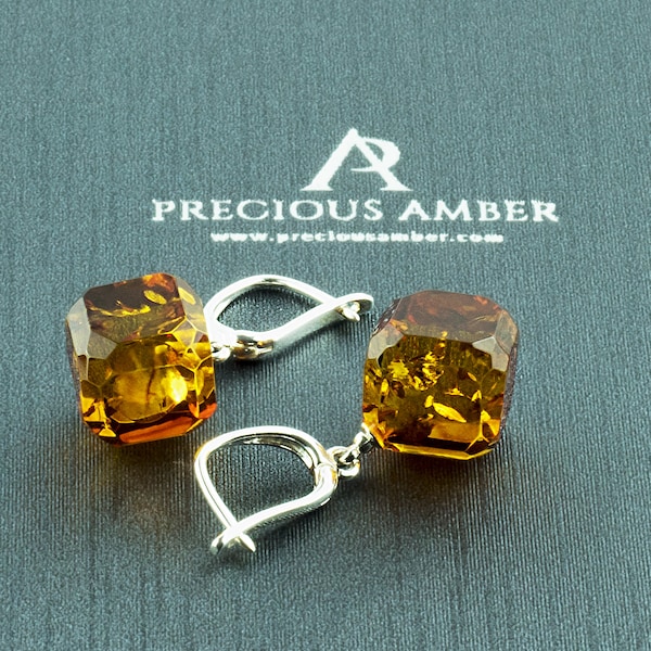 Dazzling Large Gemstone Baltic Amber Sterling Silver Cube Teardrop Earrings for Women Geometric Lever Back Drop Short Dangle Faceted Crystal