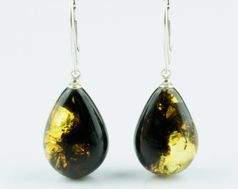 Quality Large Green Baltic Amber Sterling Silver Earrings Women | Green Amber Beads Chunky Earrings | Gemstone Earrings | Teardrop Earrings