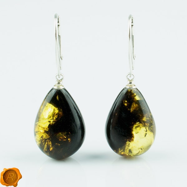 Quality Large Green Baltic Amber Sterling Silver Earrings Women | Green Amber Beads Chunky Earrings | Gemstone Earrings | Teardrop Earrings