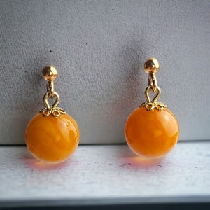 RARE Vintage Beeswax Baltic Amber Gold Short Drop Teardrop Stud Earrings Gift Women, Orange Gemstone Silver Small Round Ball Sphere Jewelry