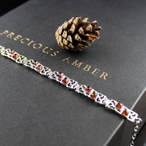 Bracciale portafortuna in ambra baltica Sterling, 7 Miele Cognac