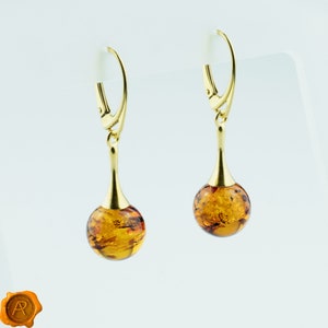 Quality Cognac Baltic Amber Gold Drop Dangle Earrings for Women Long ...