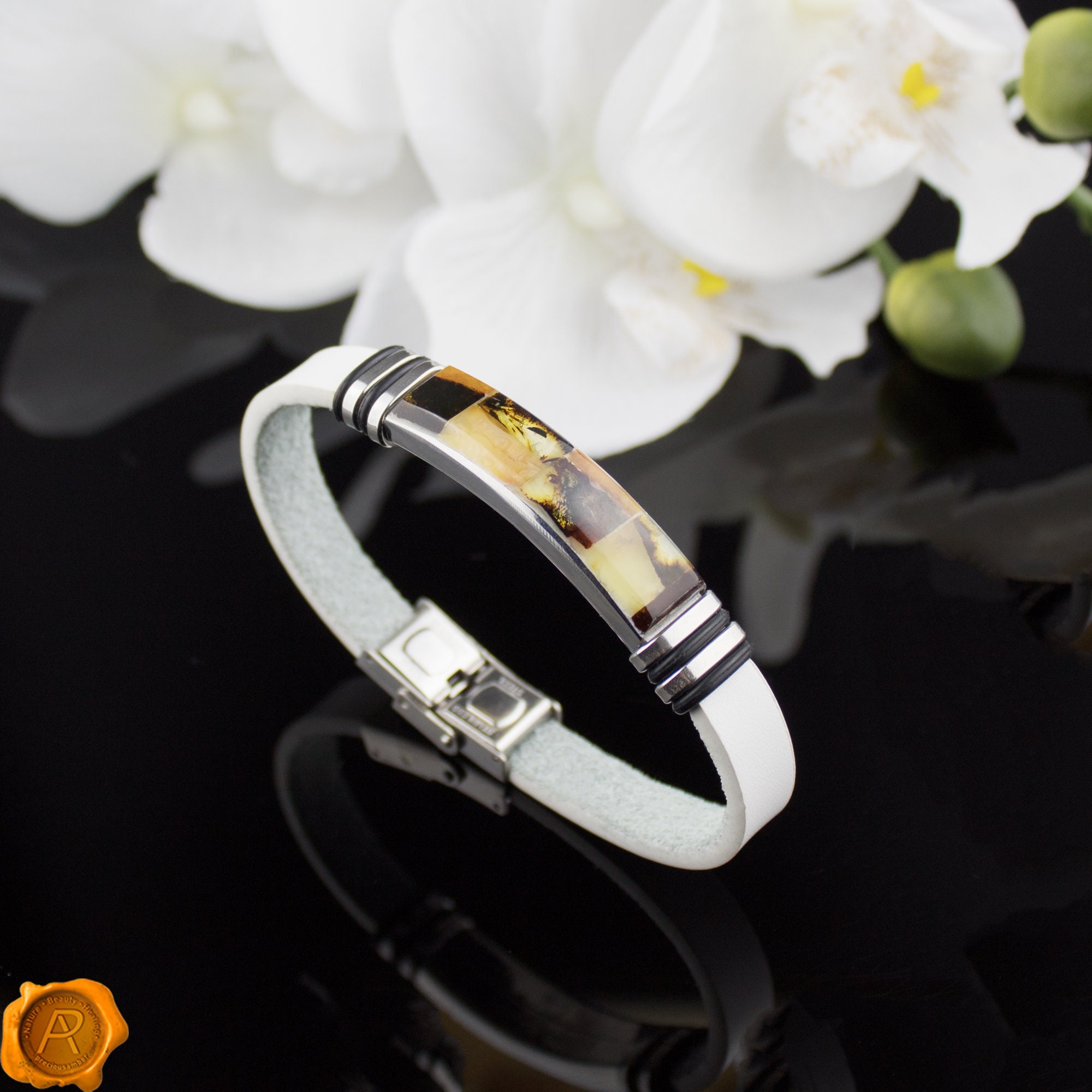 Bracelet En Cuir Avec Incrustation D'ambre - Mosaïque, Acier Inoxydable, Neuf Avec étiquettes