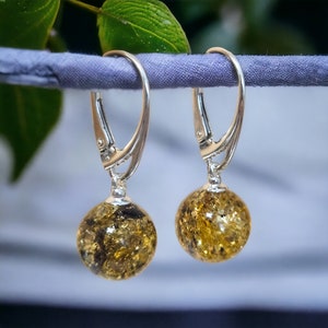Dainty Green Amber Drop Round Teardrop Earrings Gift Women, Gemstone Drop Sterling Silver Earthy Earrings, Small Amber Ball Jewelry Earrings