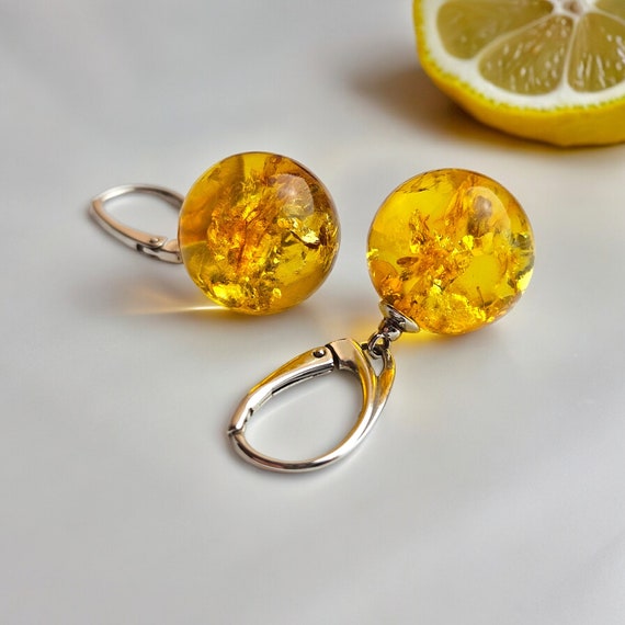 Baltic Lemon Amber Sphere Earrings Baltic Lemon Amber Sphere Earrings