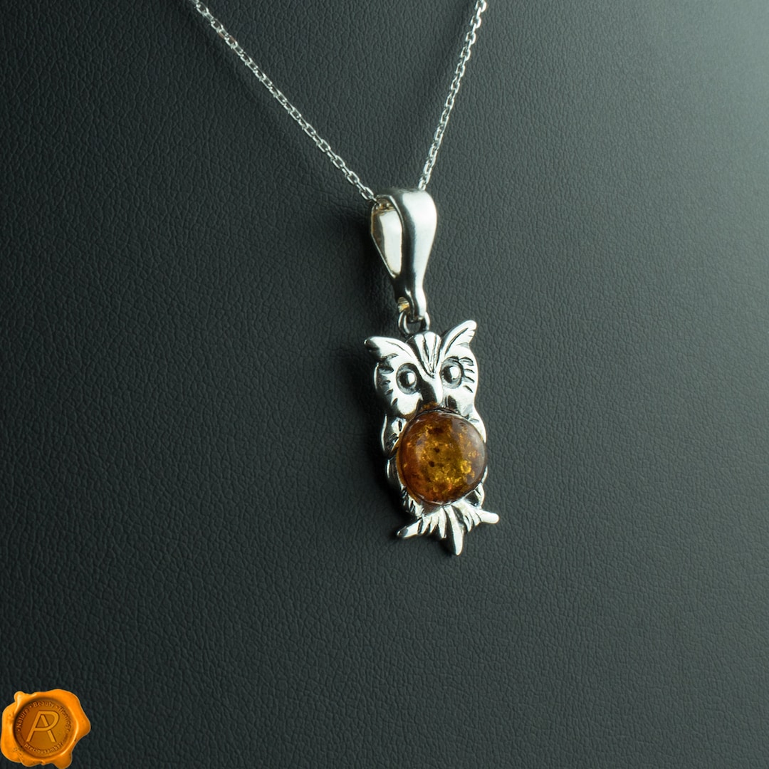 Honey Baltic Amber Gemstone Owl Pendant Sterling Silver, Amber Teardrop Owl Necklace Jewelry