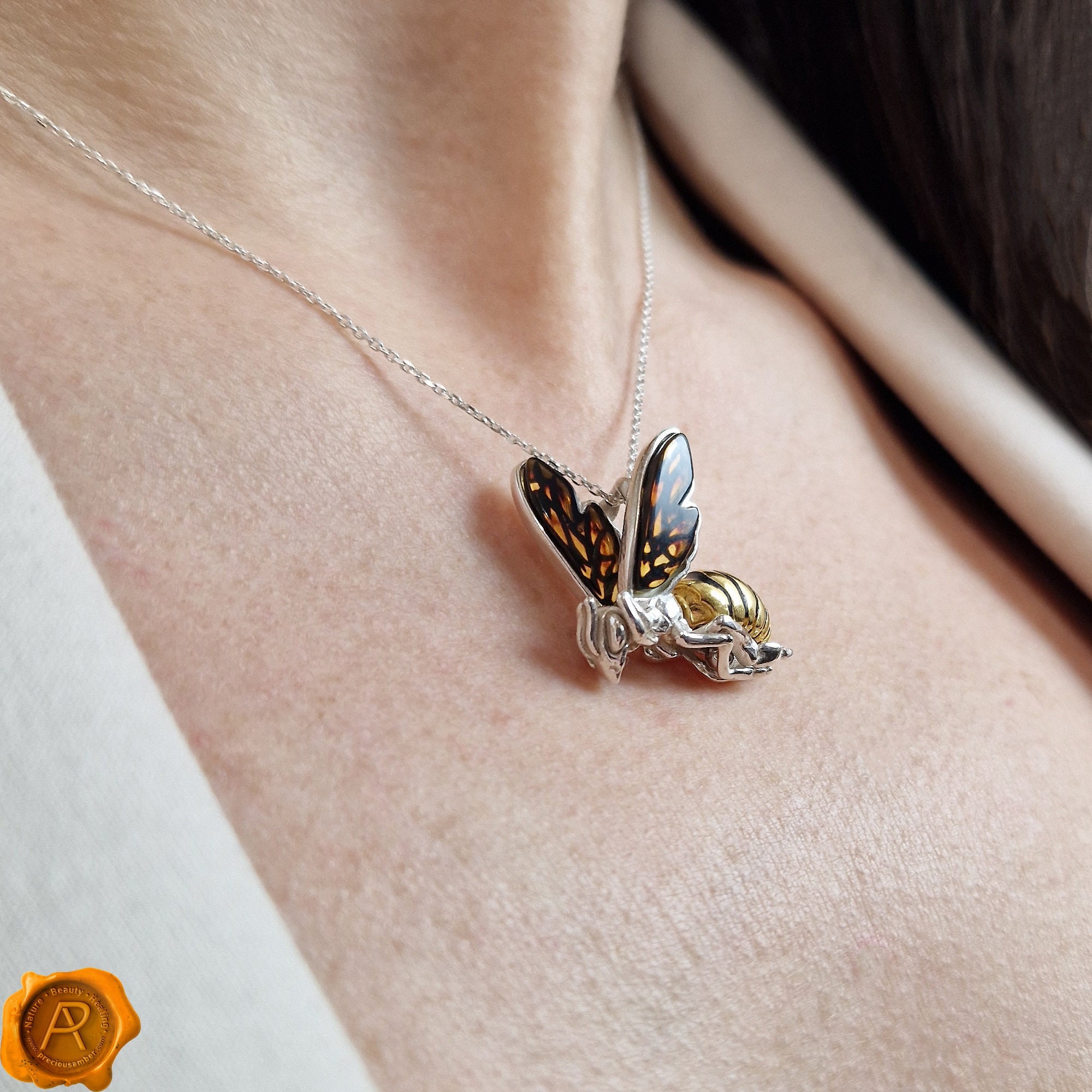 Realistic Bee Gold Pendant Teardrop Necklace Large Baltic Amber Charm Silver Gold Gemstone Small Bee Art | Gold Bee | Bee Lover Gift Jewelry