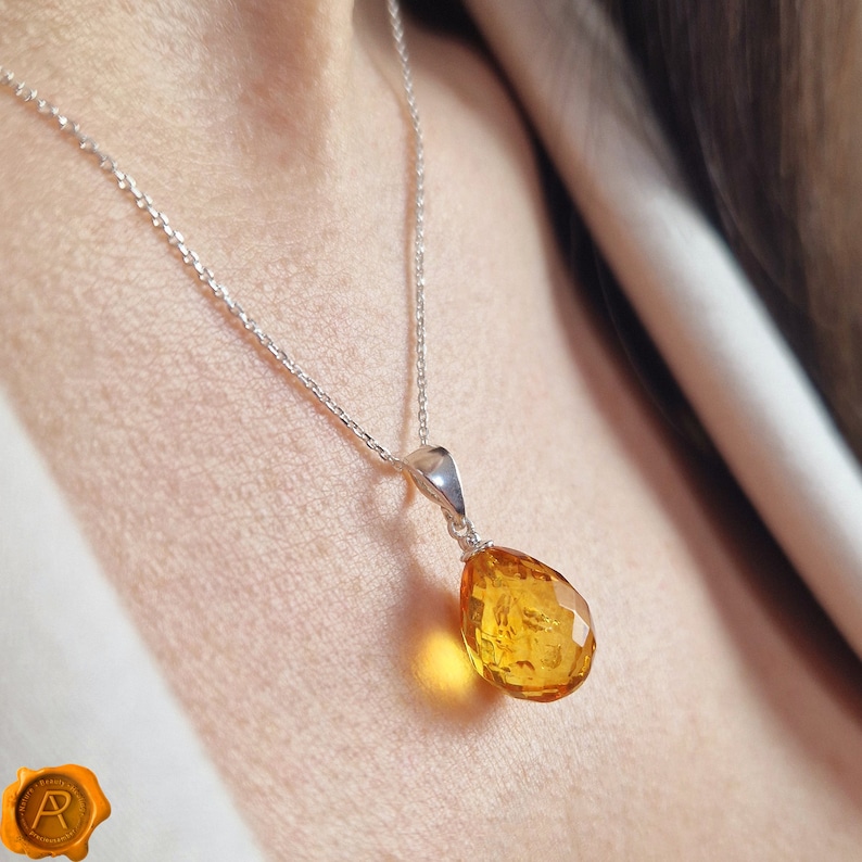 Pu&ograve; includere: Una collana a catena d'argento con un ciondolo in ambra a forma di lacrima.