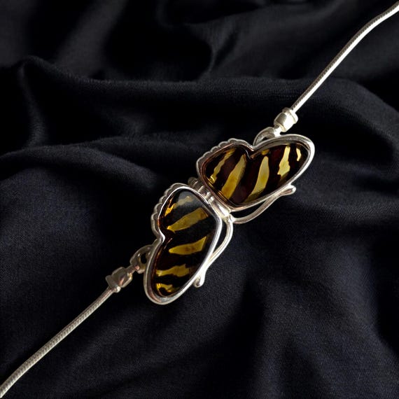 Silver Butterfly Baltic Amber Tie Bracelet Adjustable, Gemstone