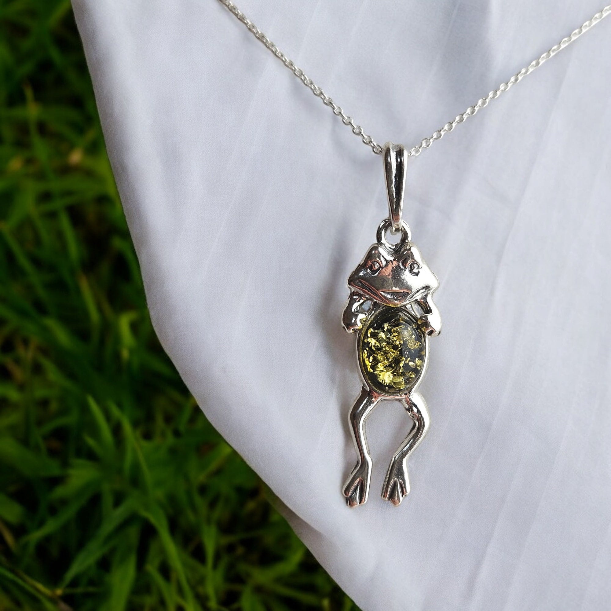 DANCING Crazy Frog Green Baltic Amber Silver Pendant, Toad Frog