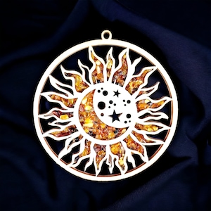 Sun Astronomy Gift, Baltic Amber Suncatcher Window Celtic Charm, Crystal Dreamcatcher Moon Art Wood Gemstone Christmas Tree Decor Ornament