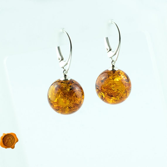 Delicati orecchini pendenti rotondi a goccia in ambra baltica color limone, in argento, regalo per donna, orecchini con piccole sfere di pietre preziose, chiusura a leva con sfera in ambra