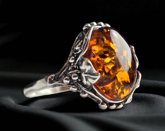 Large Sterling Silver Honey Baltic Amber Ring Gift for Women Wife Mother, Chunky Gemstone Crystal Silver Ring, Natural Amber Stone Rings