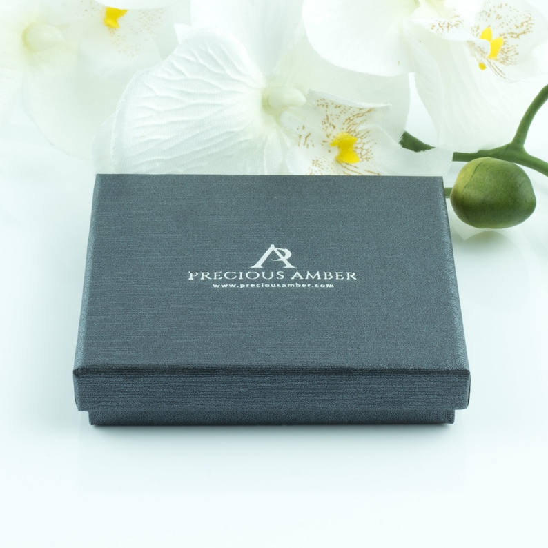 May include: A gray, rectangular box with the text "PRECIOUS AMBER" and the website address "www.preciousamber.com" printed in white.