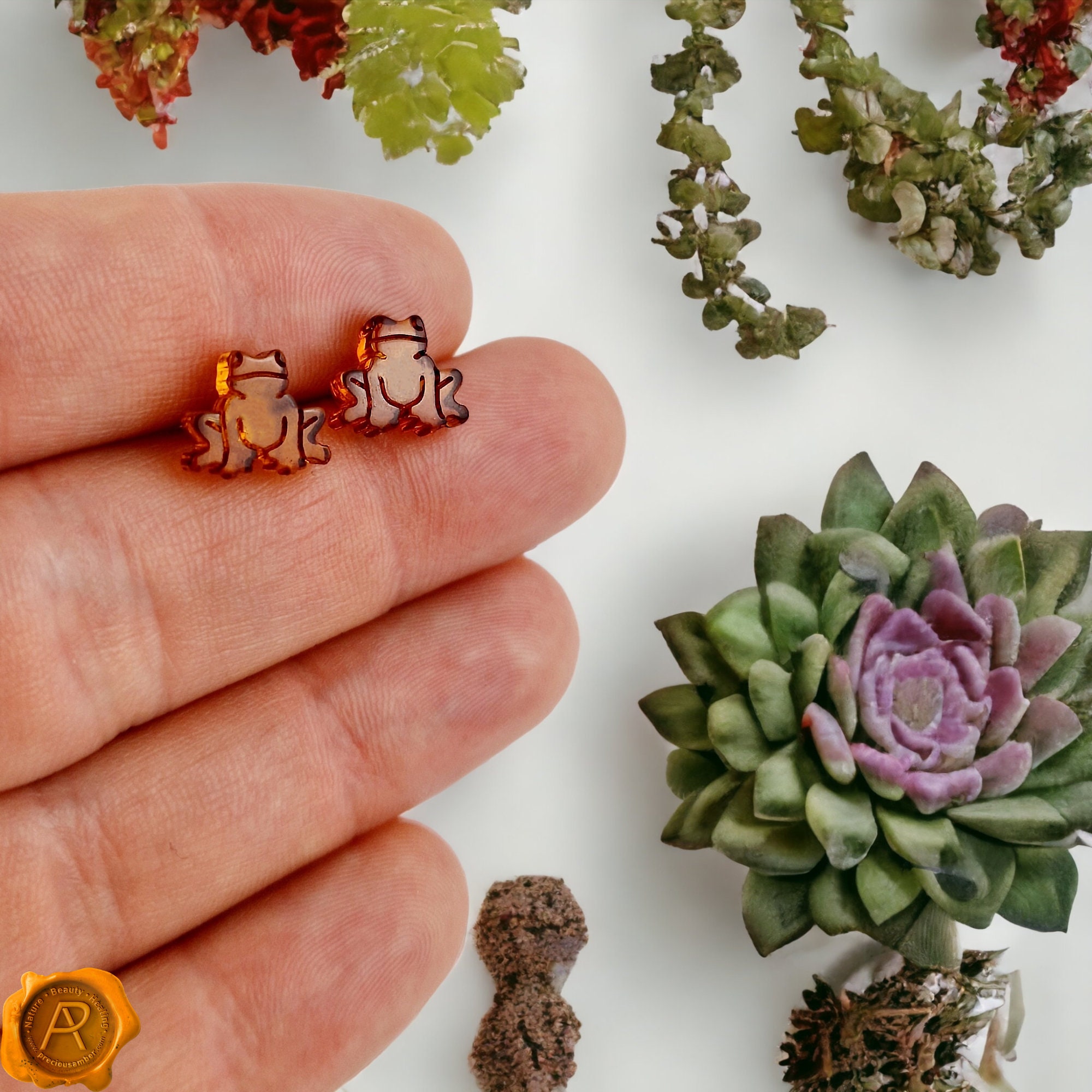 CARVED Gemstone Baltic Amber Frog Stud Earrings Art Honey Amber Silver ...