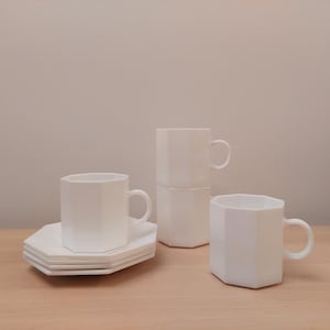 White octagonal small cups with saucer, Arcoroc Octime Glass, made in France, 1980&#39;s