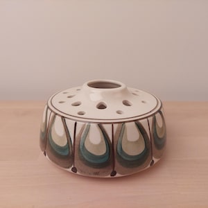 Może przedstawiać: Ceramiczny wazon na kwiaty z kremową górą i otworami na kwiaty. Okrągły wazon jest ozdobiony wzorami w kształcie kropli w odcieniach zieleni, brązu i szarości. Dekoracyjny element do domu.