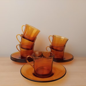 Warm amber brown Duralex cups and saucers, 1970&#39;s, France
