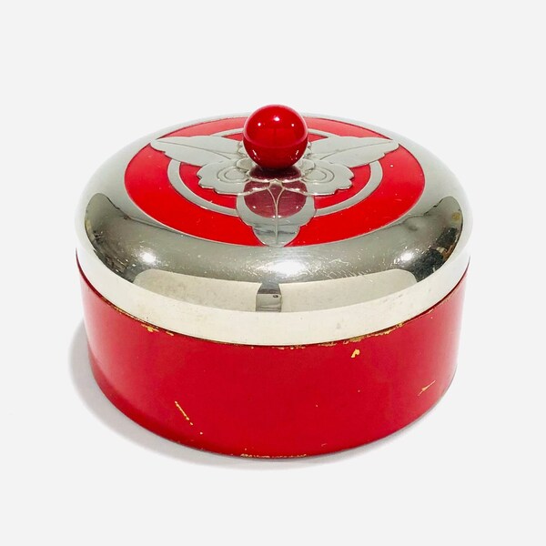 Chase Metalworks Art Deco Chrome & Red Round Powder Box, Vintage Art Deco Powder Box, Red Bakelite Knob, 1940s