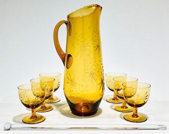 Amber Atomic Star & Dot Cut Glass Cocktail Pitcher Set, Vintage Mid-Century Blown Glass Pitcher, 6 Liquor Cocktail Glasses, 1960s