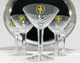 Hoya Crystal Martini Diagonal Cut Glasses, Mid-Century Crystal V-Shape Liquor Cocktail Glasses, 4 Inch, 2 oz., Set of 6, Japan, 1960s